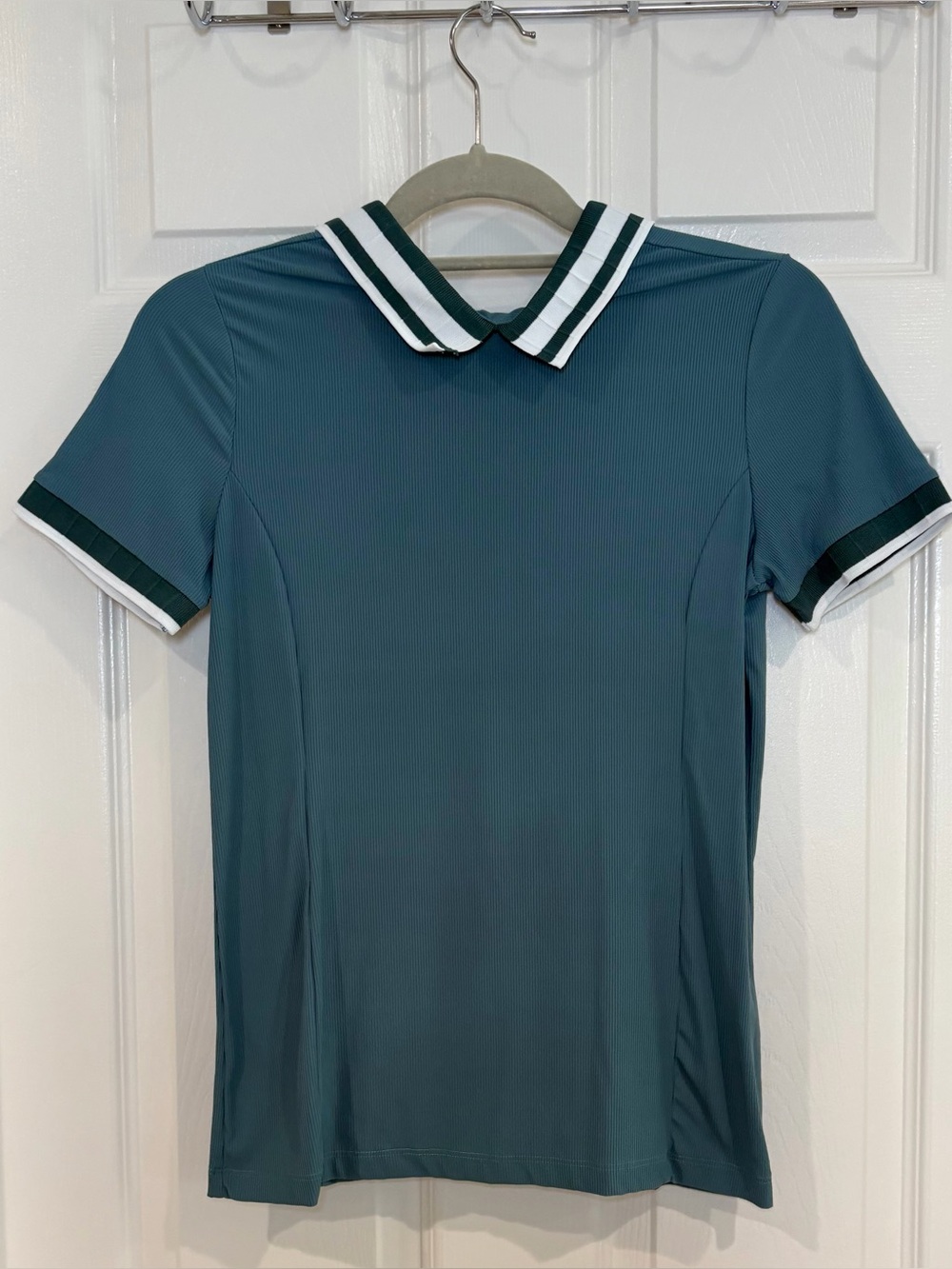 Kim young joo Fitted Ribbed Stretchy Polo Shirt Top w/ Striped Collar Women L
